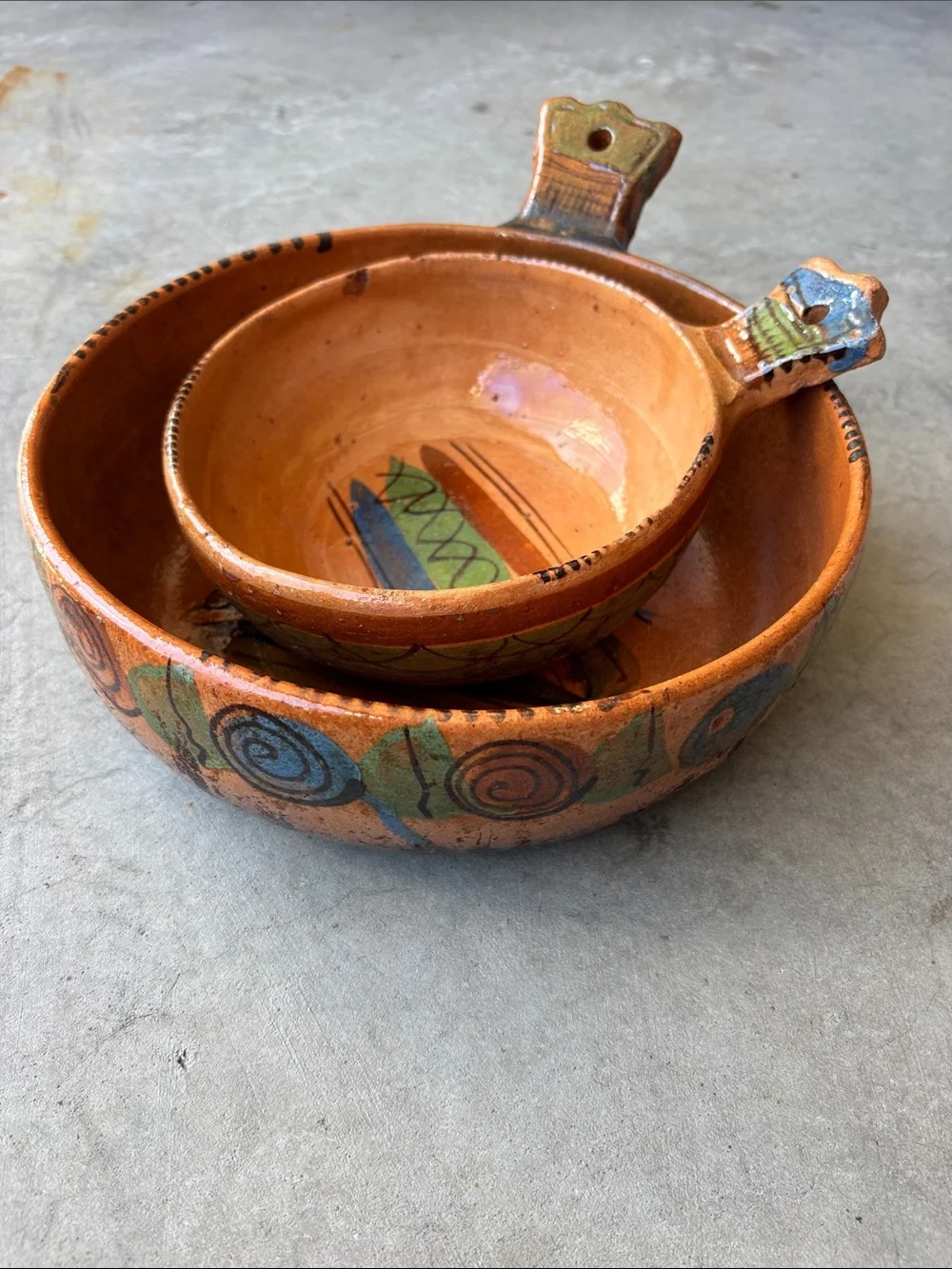 Vintage Mexican Handmade Terracotta cazuela de barro cooking skillets (Set of 2)